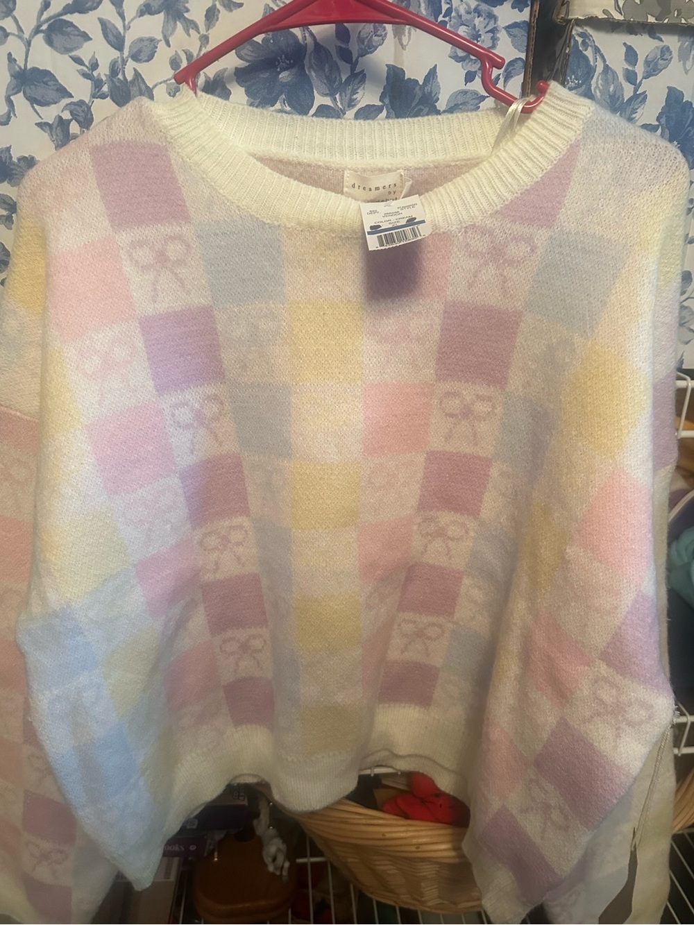 Pastel Checkered Crewneck Sweater with bows- Multicolor